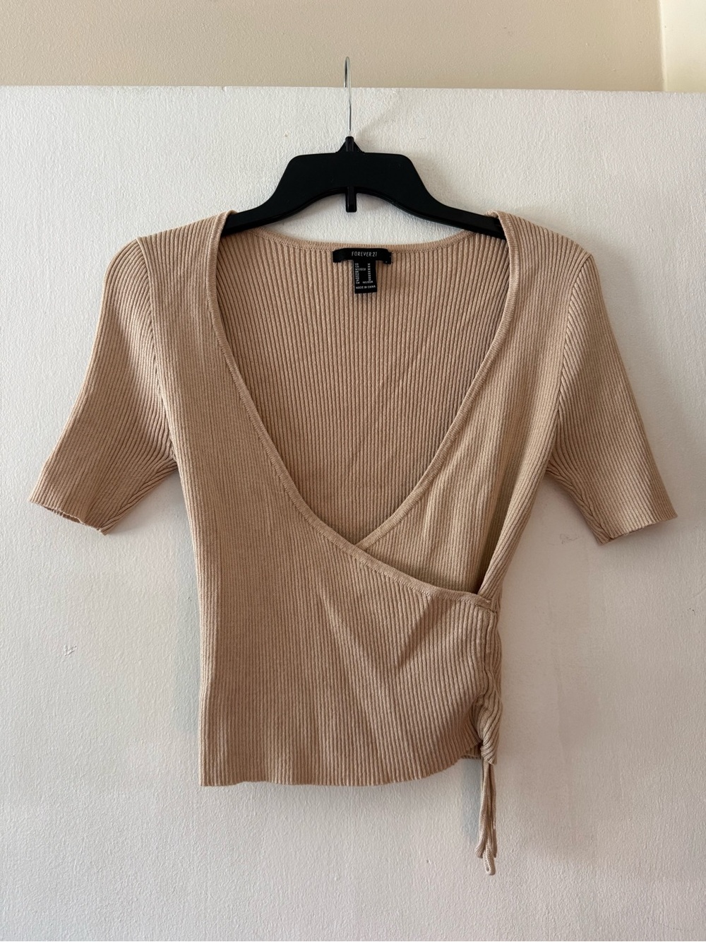 Forever 21 Beige Ribbed Faux-Wrap Top Size Medium
